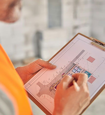 Person reviewing architectural drawing on clipboard.