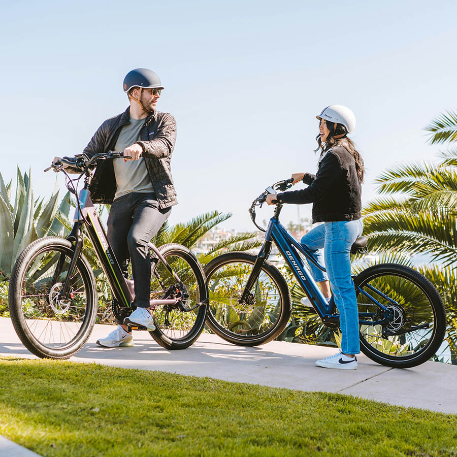 Two friends riding electric bikes together through grassy park.