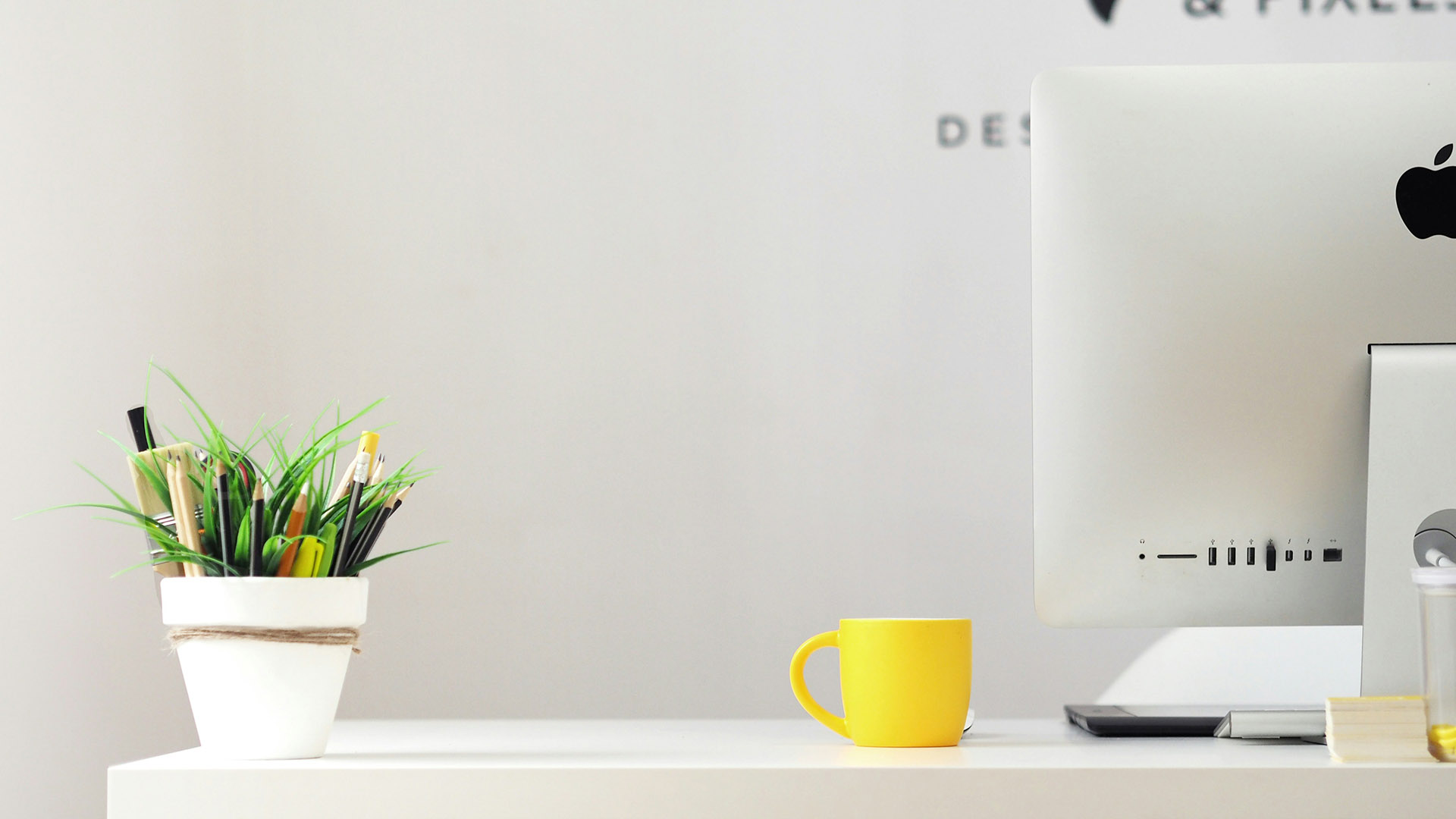 White desk with computer, mug, and pot with pencils and plants.